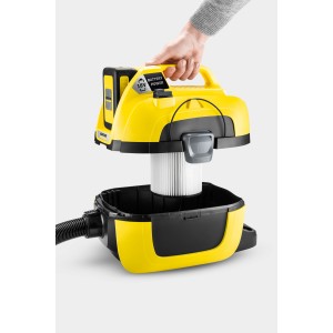 Kärcher Akku-Mehrzwecksauger WD 1 Compact Battery Set, gelb/schwarz, mit abnehmbarem Oberteil.