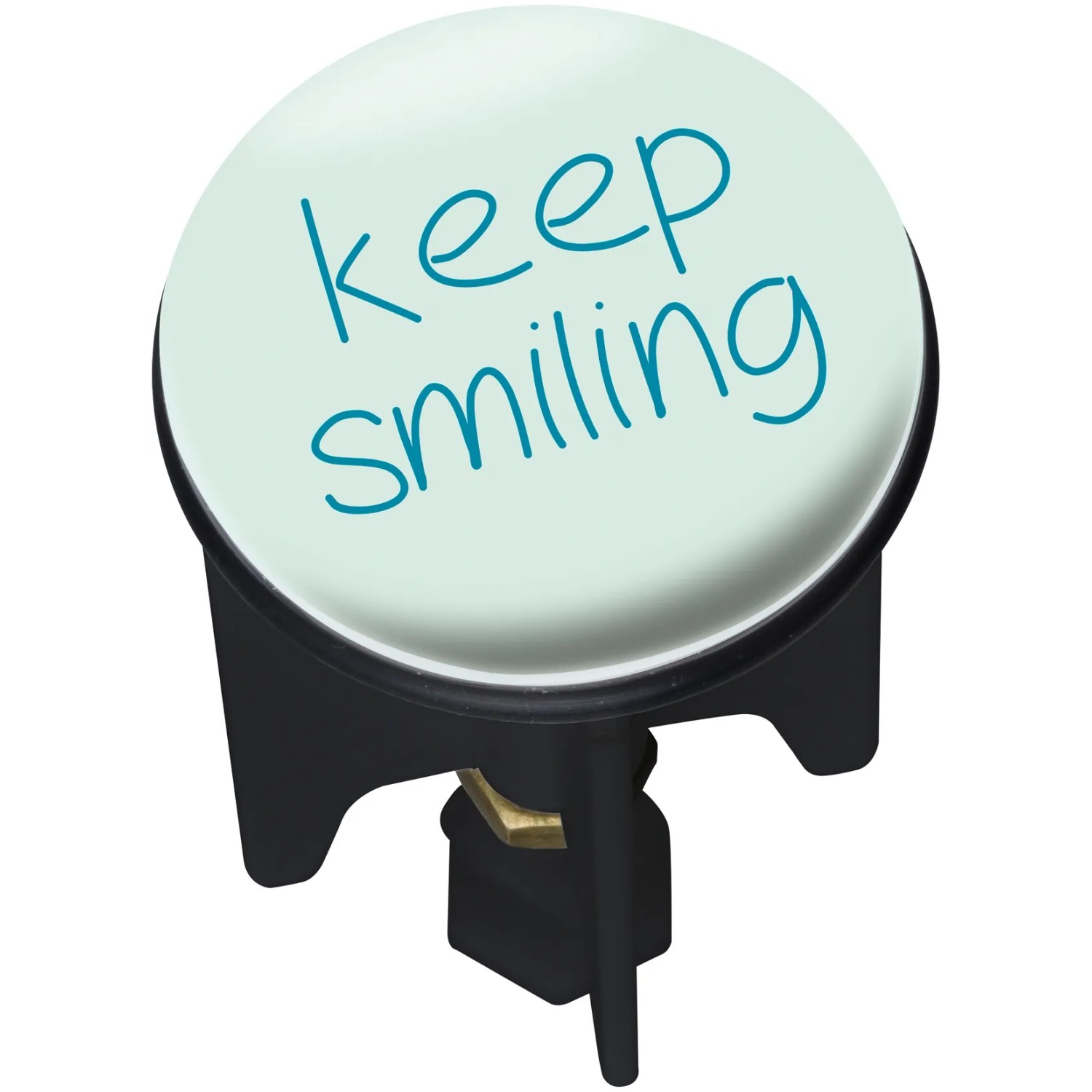 Wenko Waschbeckenstöpsel Pluggy Keep Smiling mit blauem Schriftzug auf hellem Grund.