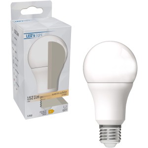 E27 LED Leuchtmittel in Glühlampenform, 13W, warmweiß, mit Verpackung.