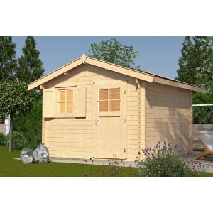 Unbehandeltes Weka Holz-Gartenhaus mit Satteldach, 380x334 cm, im Garten.