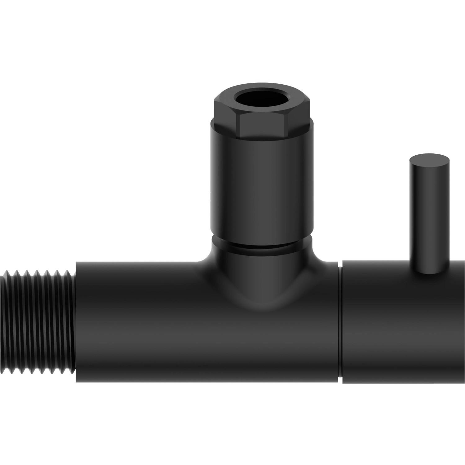 Schwarzes, mattes Kirchhoff Universal Eckventil für Kalt- und Warmwasserleitungen.