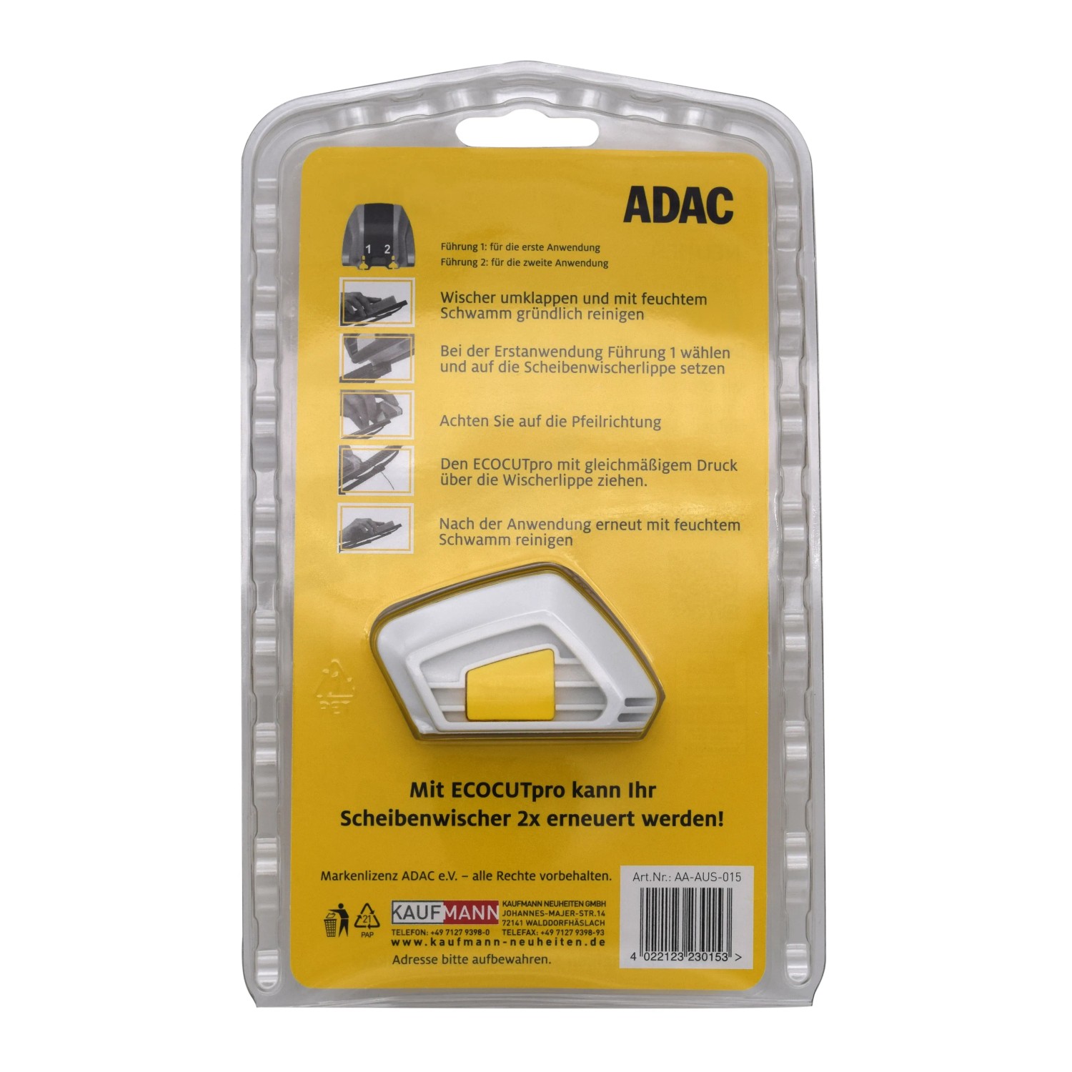 ADAC Scheibenwischer-Schneider EcoCut im Blisterpack, ein Werkzeug zur Verlängerung der Wischerblatt-Lebensdauer.