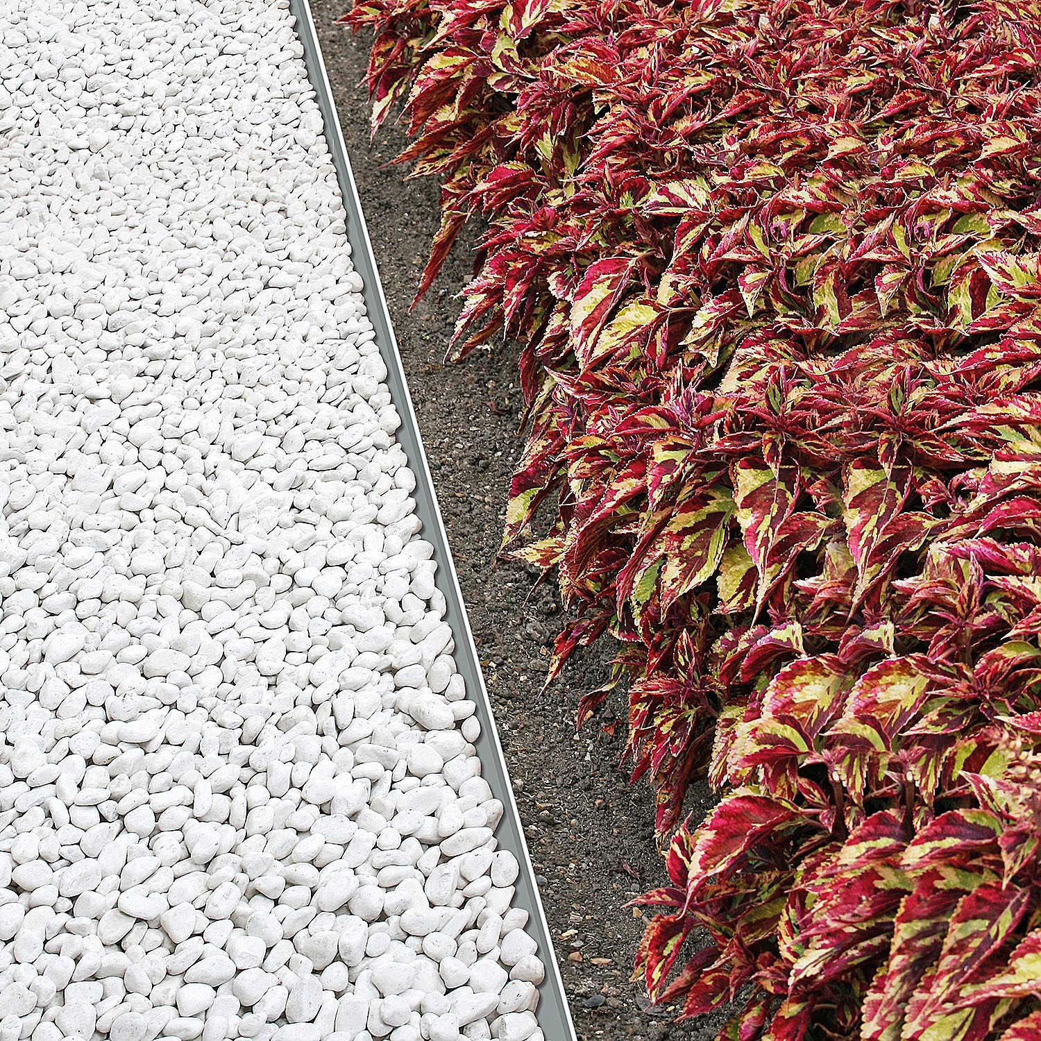 Bellissa Rasenkante aus verzinktem Metall trennt Kiesweg von Beet mit bunten Blättern.