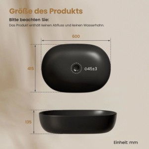 Emke Aufsatzwaschbecken, mattschwarz, Keramik. Technische Zeichnung mit Maßen 60x41,5x13,5 cm und Ablaufbohrung.