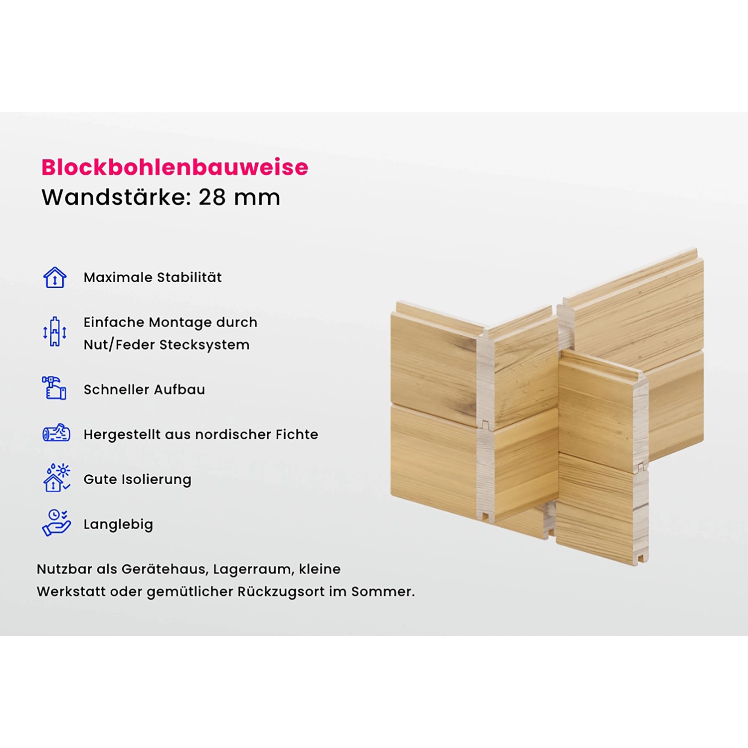 Detailaufnahme der Blockbohlenbauweise (28 mm) des Alpholz Gartenhauses Maria-28 aus Fichtenholz.