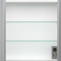 Offener Posseik Spiegelschrank in Beton-Optik, 60 cm breit, mit zwei Glasböden und Aufsatzleuchte.