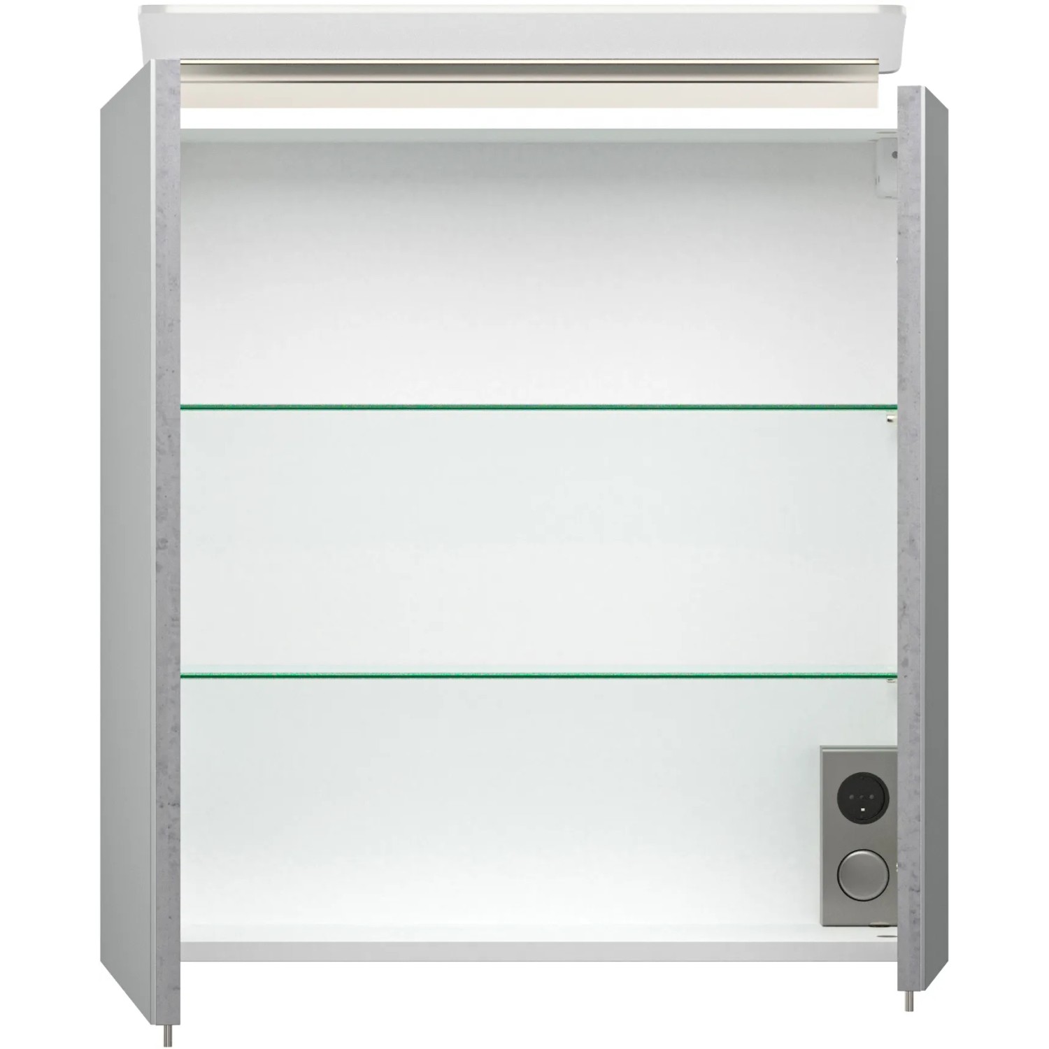 Offener Posseik Spiegelschrank in Beton-Optik, 60 cm breit, mit zwei Glasböden und Aufsatzleuchte.