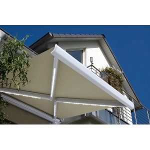 Home Deluxe LED Vollkassettenmarkise, 350x250 cm, sandfarben, mit Windsensor und LED-Beleuchtung.