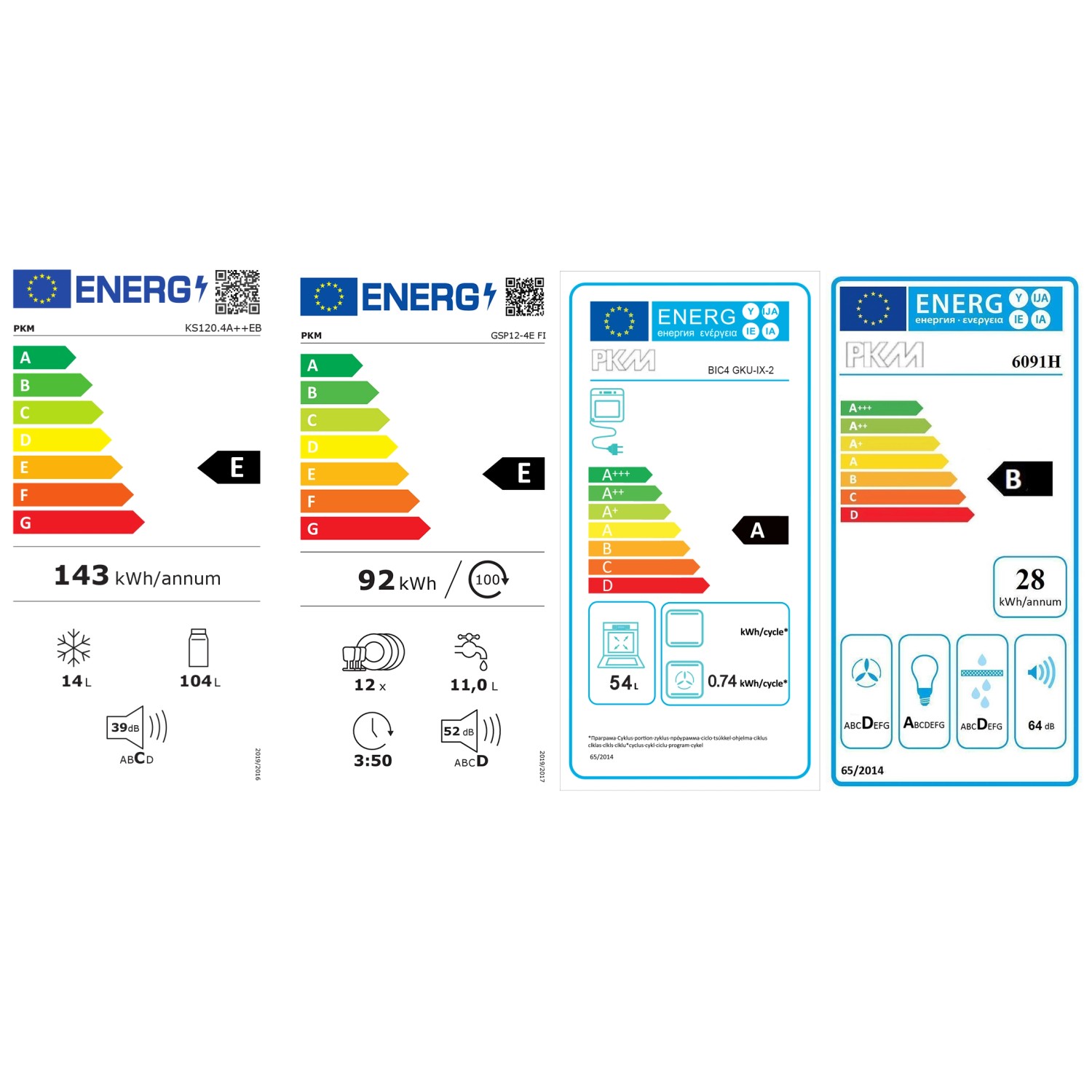 Energieeffizienzlabel für Kühlschrank, Gefrierschrank, Geschirrspüler und Backofen von PKM.