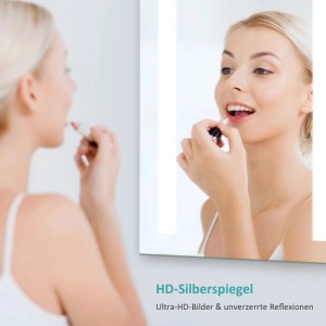 Frau schminkt sich vor Emke LED Badspiegel 60x80 cm mit Beleuchtung, Anti-Beschlag und klarer HD-Silberspiegel-Reflexion.