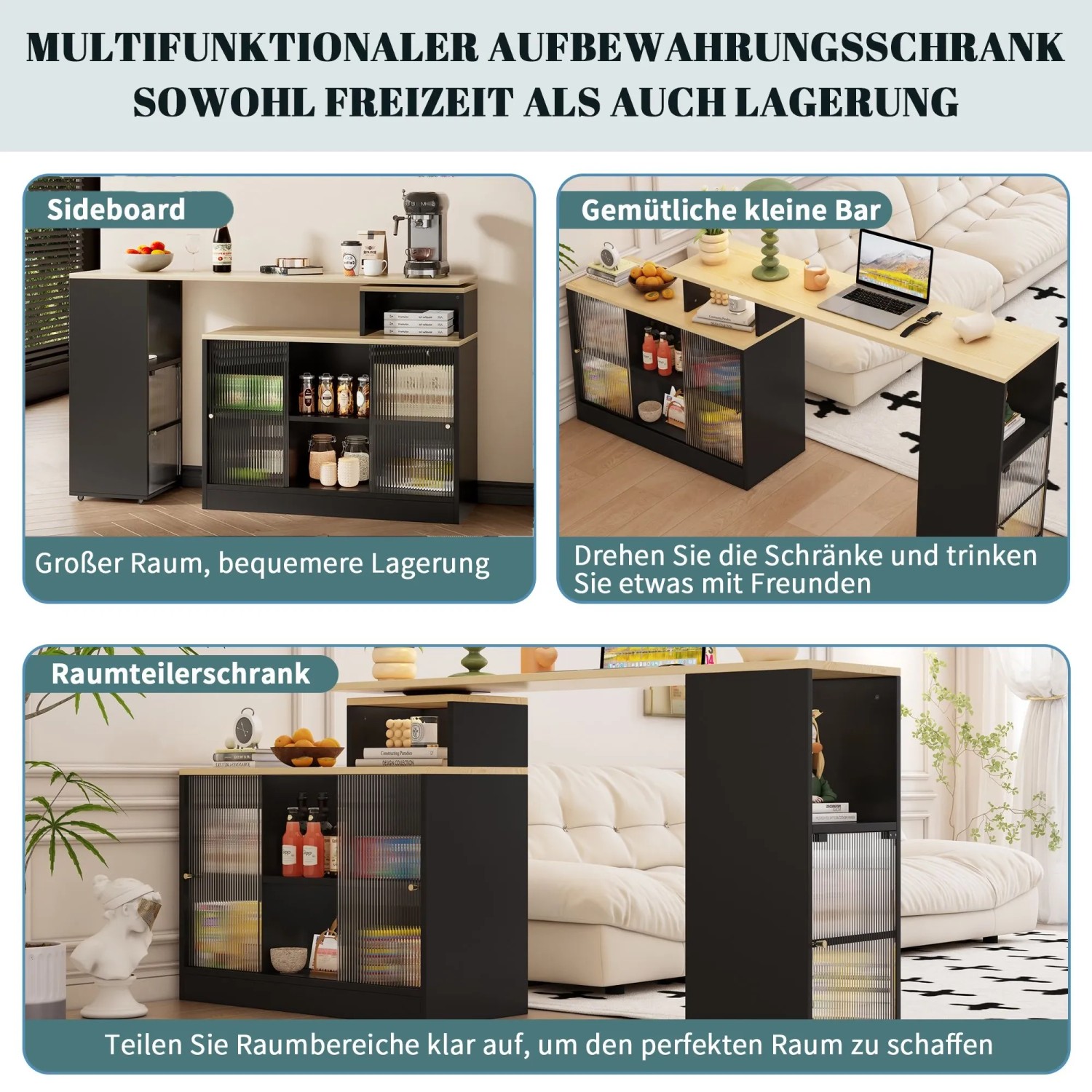 okwish Bartisch mit Drehbar Stauraum Beweglich Küche 135x39x105cm Schwarz_7