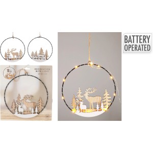 Weihnachts-Deko Ring mit LED, 20 cm, Weiß-Natur, mit Hirsch- und Häusermotiven.