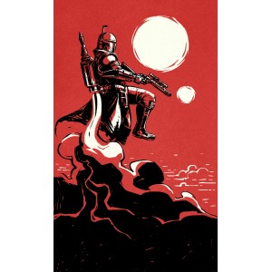 Komar Vlies Fototapete: Star Wars Boba Fett, der Kopfgeldjäger, in Rot vor zwei Monden.