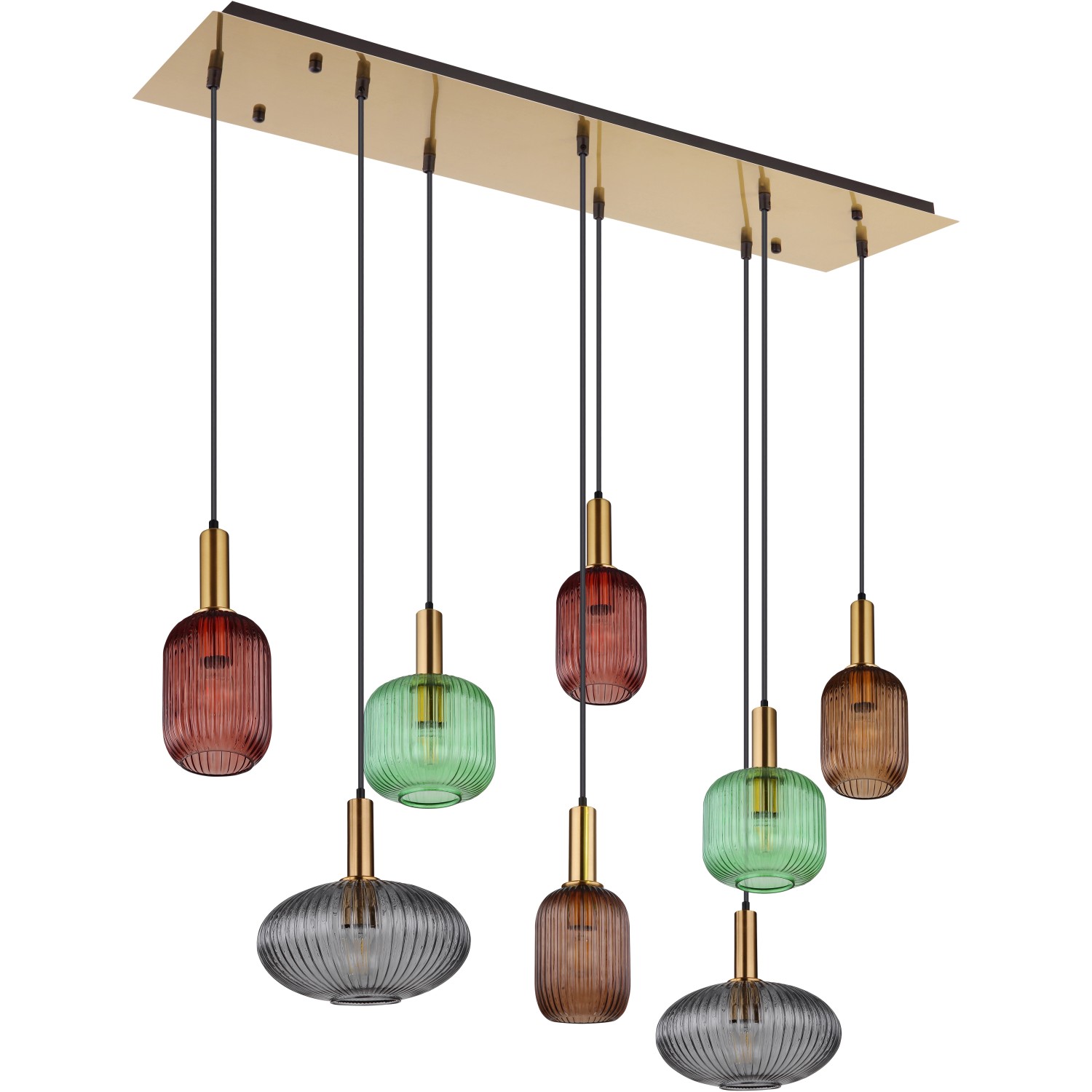 Globo Pendelleuchte Normy, 8-flammig, mit bunten Glasschirmen und messingfarbener Halterung.