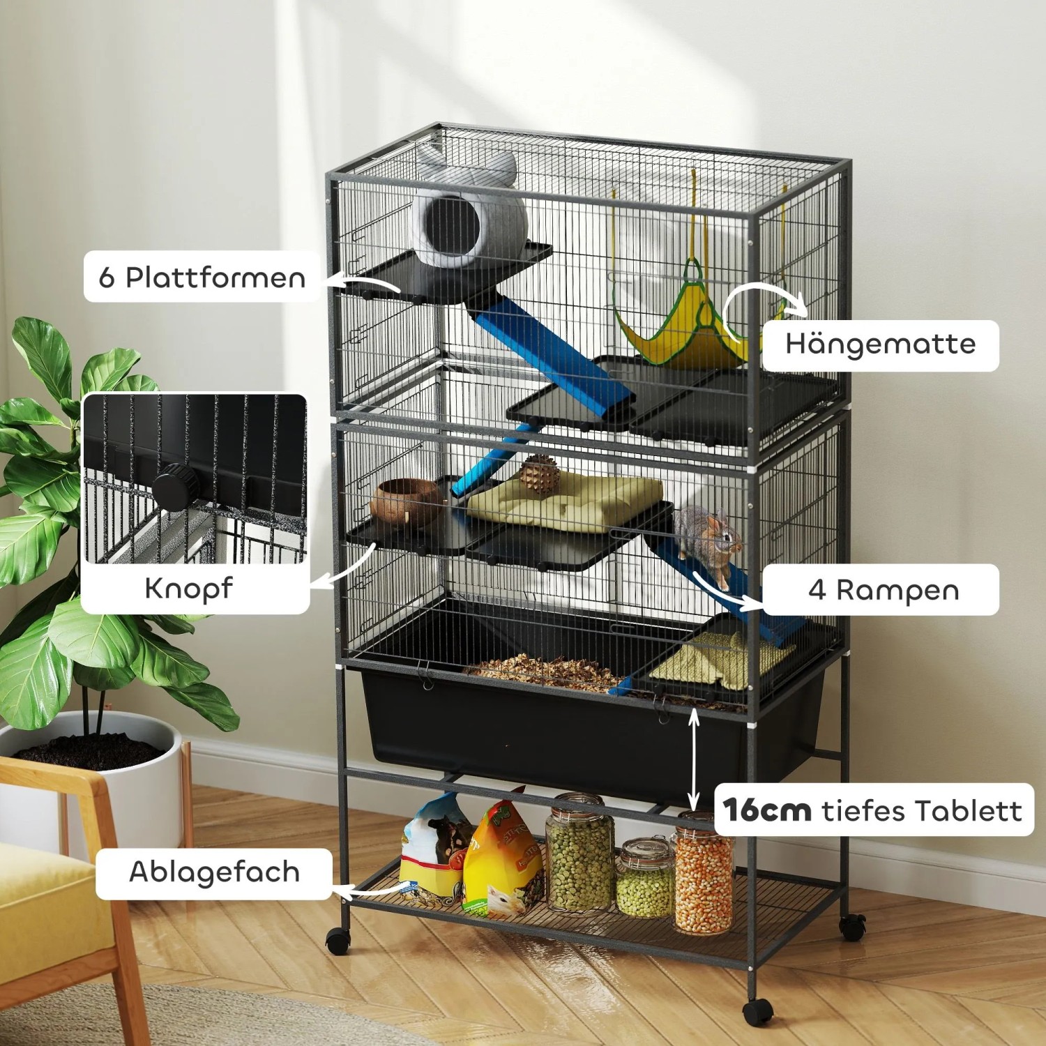 PawHut Kleintierkäfig aus Stahl, dunkelgrau, mit 5 Ebenen, Rampen, Hängematte, tiefem Tablett und Ablagefach auf Rollen.