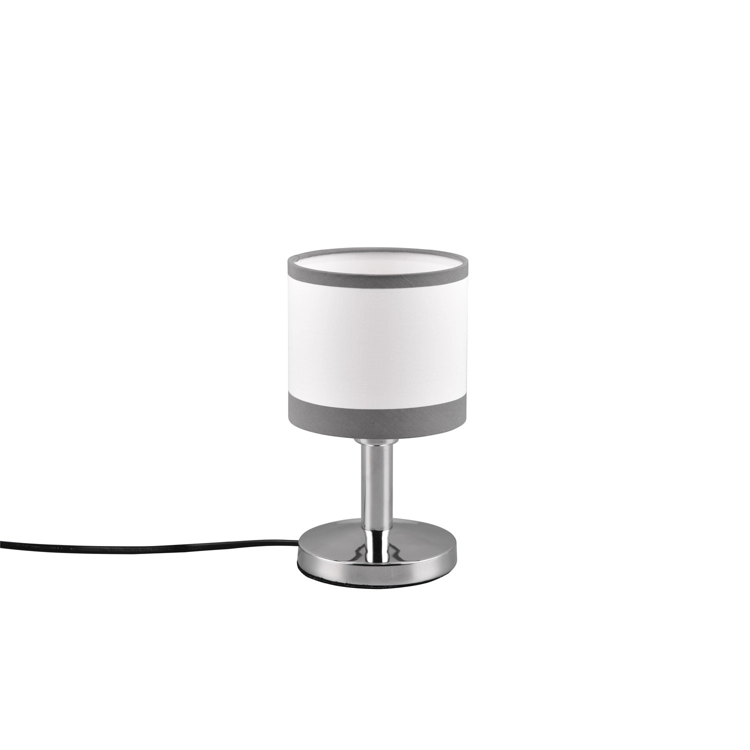Chromfarbene Reality Design-Tischlampe Davos mit weiß-grauem Stoffschirm (12x12cm).