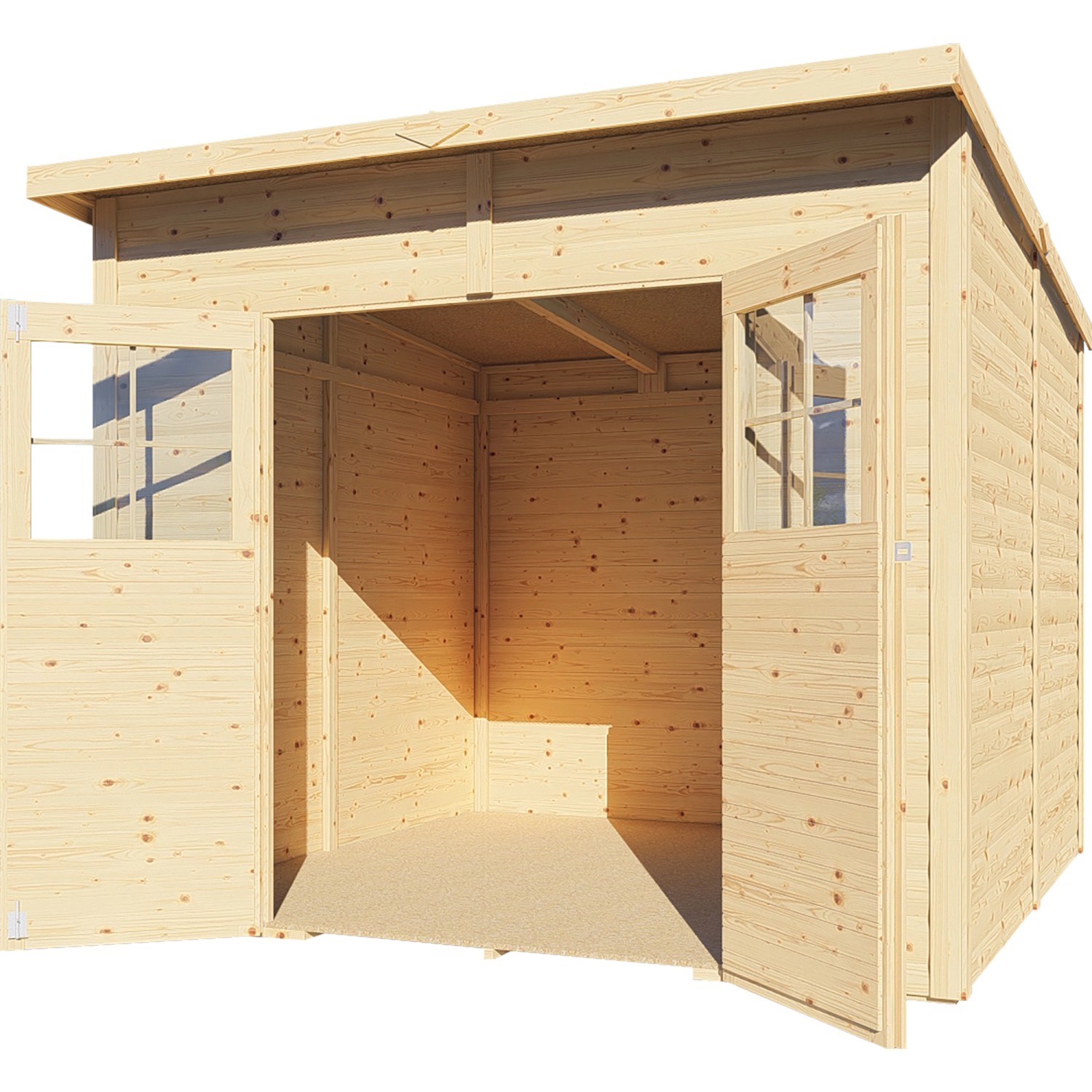 Offenes, naturbelassenes Holz-Gartenhaus Alster mit Doppeltür und Lichtausschnitten.