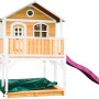 Axi Marc Spielhaus aus Holz in Braun-Weiß mit lila Rutsche und Sandkasten.