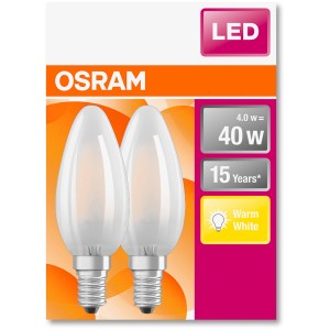 Zwei Osram E14 LED Leuchtmittel in Kerzenform, 4W, warmweißes Licht.