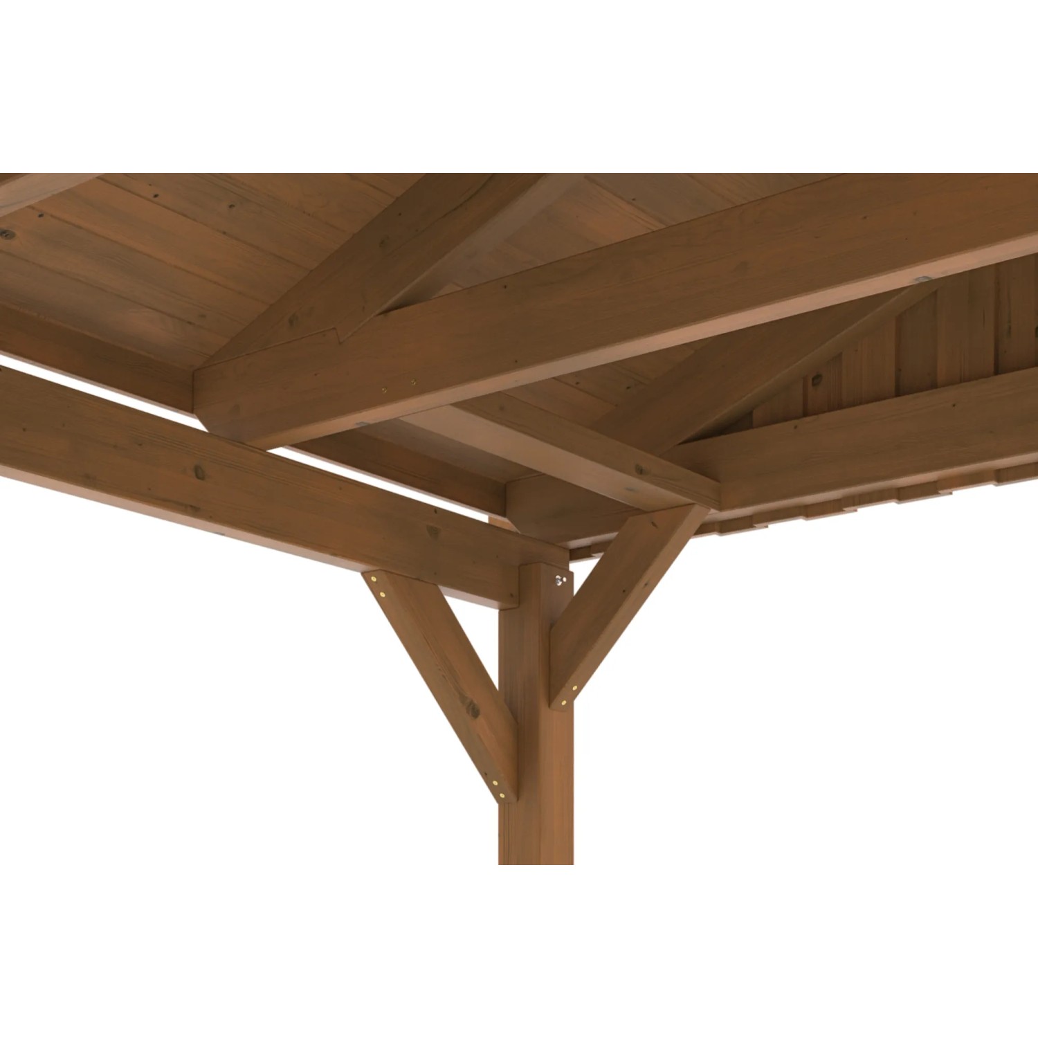 Detailansicht: Nussbaumfarbener Skan Holz Carport Fichtelberg mit roter Schindeldeckung.