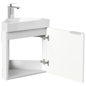 Posseik Eckbadmöbel Delta Slimline, weiß hochglanz, mit geöffneter Tür und Waschbecken.