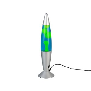 Gelbe Reality LED Lavaleuchte Vesuv, Design-Tischlampe mit blauem Fluid und silbernem Fuß.