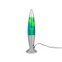 Gelbe Reality LED Lavaleuchte Vesuv, Design-Tischlampe mit blauem Fluid und silbernem Fuß.