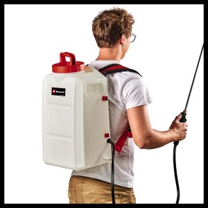 Einhell Akku-Drucksprühgerät GE-WS 18/150 Li-Solo mit Rückentragegurten und Sprühlanze.