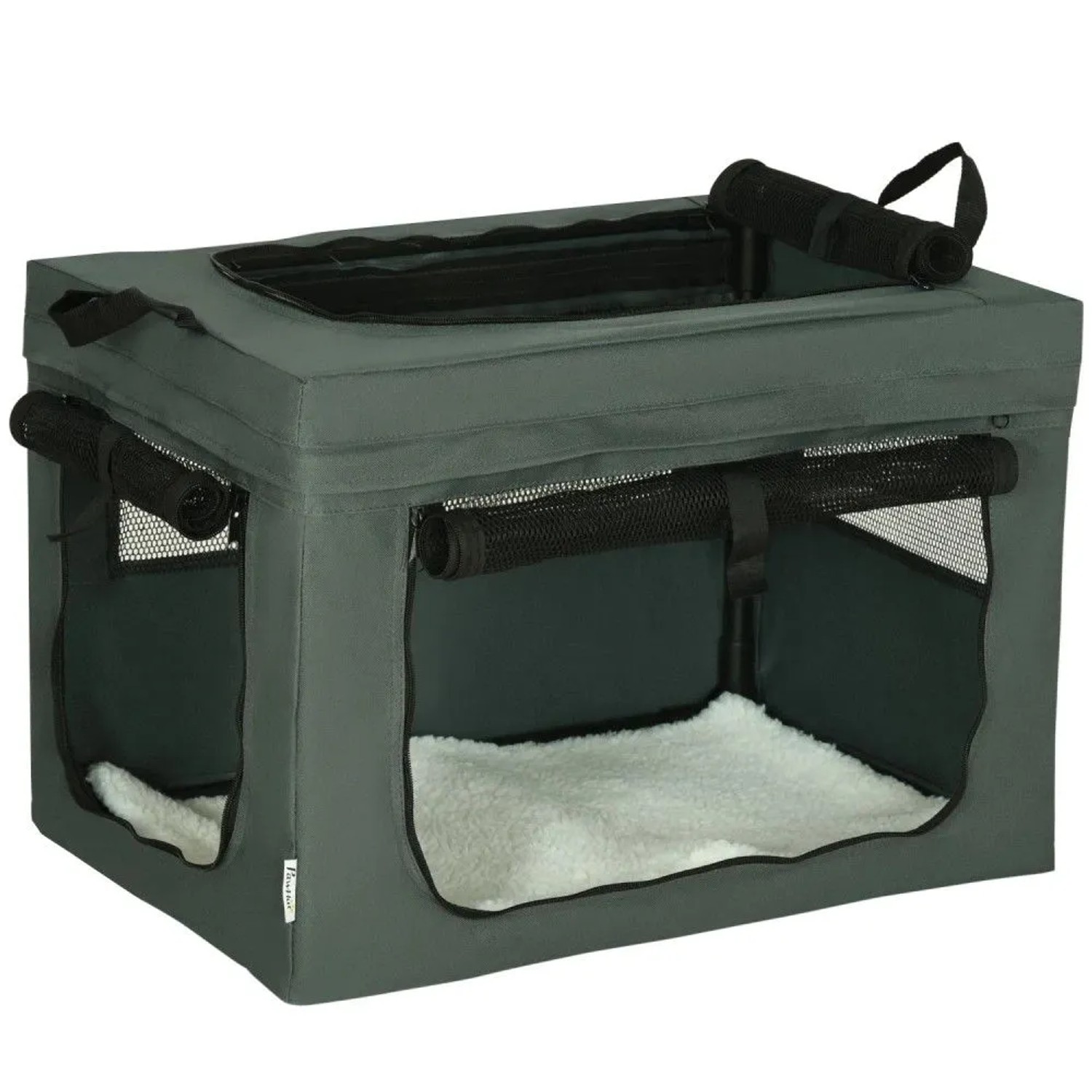 Graue PawHut Hundetasche mit aufgerollten Meshfenstern und weichem Kissen. Transportbox für Hunde & Katzen.