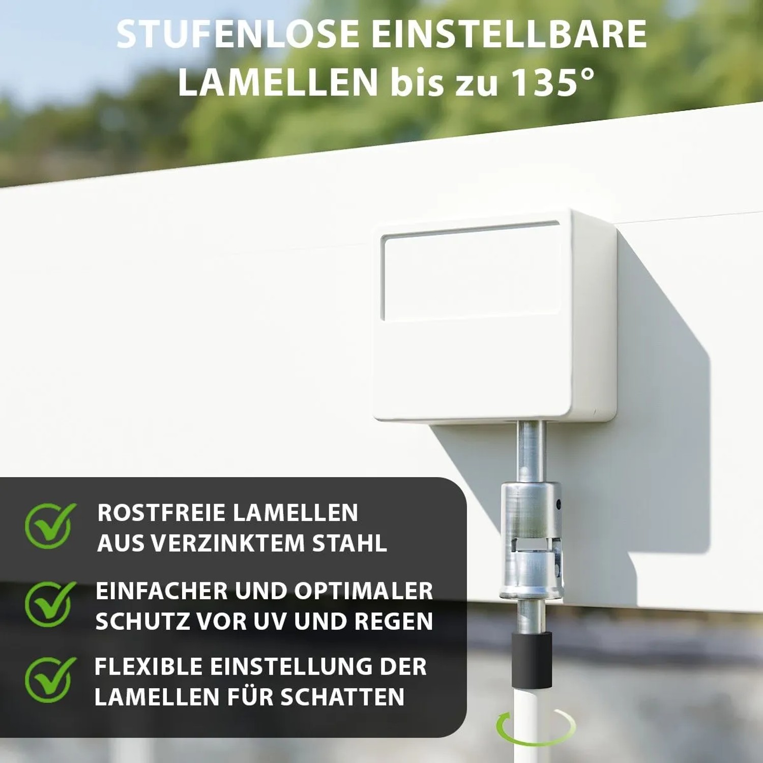 Weiße Aluminium Pergola mit stufenlos verstellbaren Lamellen aus verzinktem Stahl für optimalen Sonnen- und Regenschutz.