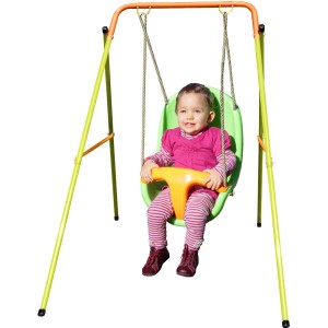 Trigano Babyschaukel aus Metall, grün-orange, mit Kind. Schaukel für Kinder von 9-36 Monaten.