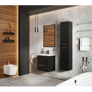 Schwarzer Maximus Bad-Hochschrank CHEESE (30 cm) im modernen Badezimmer.
