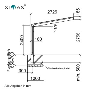 Technische Zeichnung: Ximax Carport Linea-60 Tandem, Maße und Fundamentdetails.