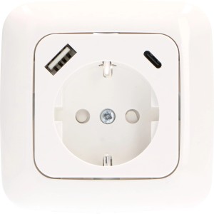 Weißer ProCharge Steckdoseneinsatz mit USB-A und USB-C Anschluss.