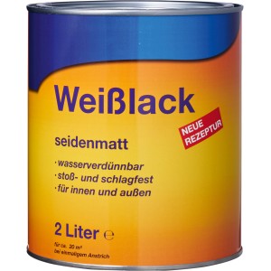Dose Weißlack seidenmatt, 2 Liter, für Innen- und Außenbereich.