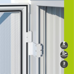 Windhager Klemmadapter für Insektenschutz-Rahmentür, weiße Scharniere zur bohrfreien Montage.