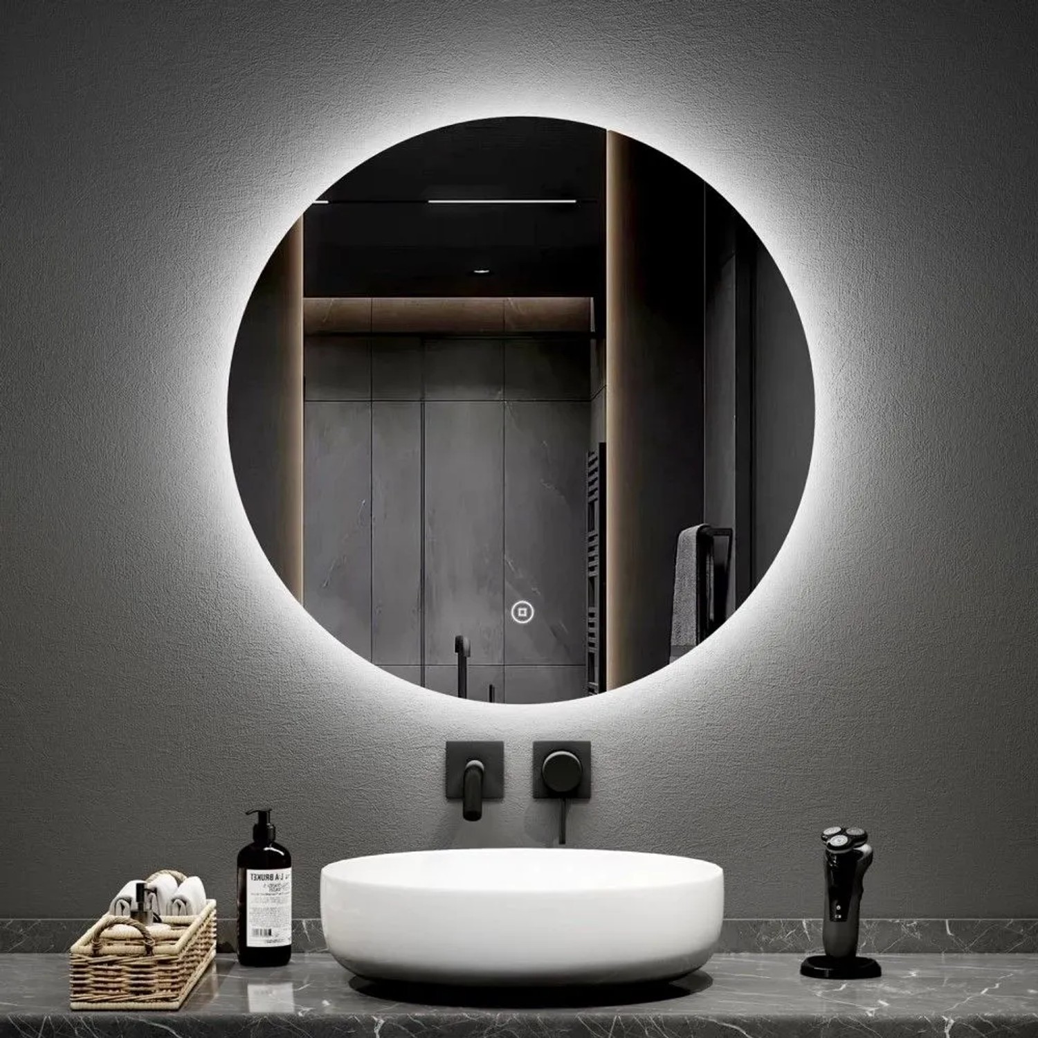 Emke runder LED Badezimmerspiegel 70cm, rahmenlos, mit kaltweißem Licht und Touchschalter.