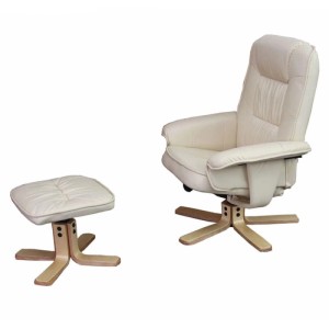 Cremefarbener Relaxsessel MCW H56 mit Hocker, drehbar, mit Kunstlederbezug und Holzgestell.