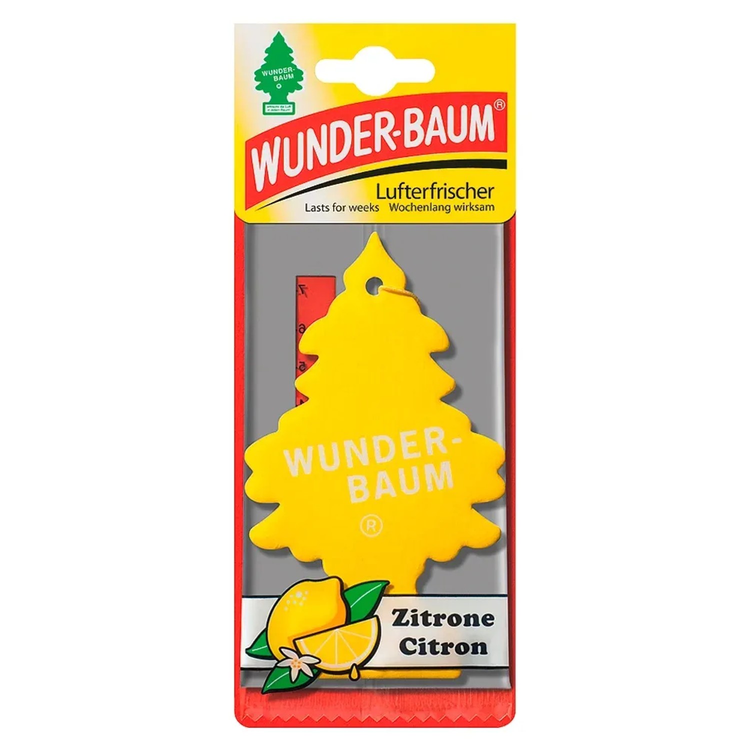 Wunderbaum Lufterfrischer Zitrone, gelber Duftbaum für Autopflege.