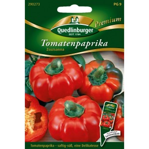 Quedlinburger Tomaten-Paprika Szuszanna Saatgut mit roten, runden Paprika auf der Packung.