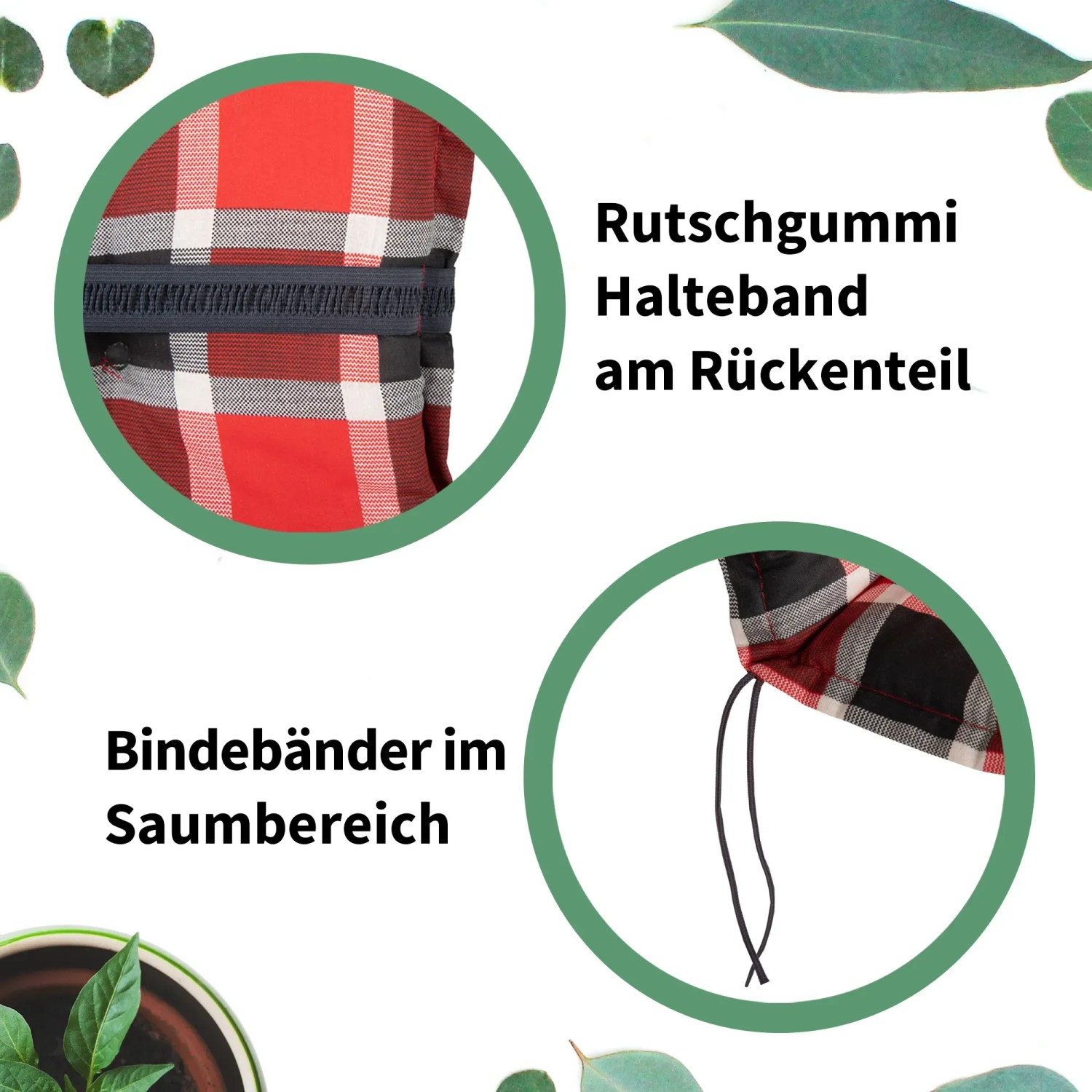 Detailansicht Beo Hochlehner-Saumkissen Barcelona Anthrazit: Gummiband und Bindebänder für sicheren Halt.