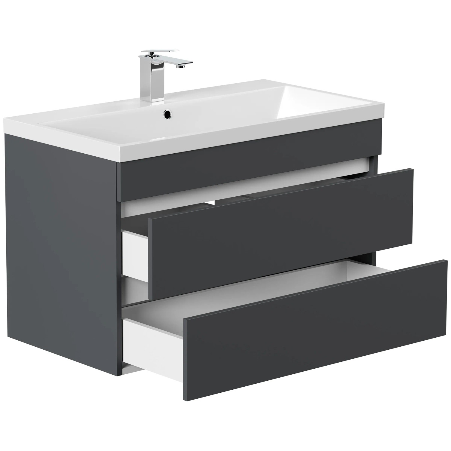 Posseik Badmöbel Felini 90, grafitfarbenes Badmöbel-Set mit grifflosen Schubladen und Mineralgusswaschbecken.
