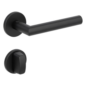 Schwarze Rosettengarnitur Mars WC für Innentüren. Moderner Türdrücker und Drehriegel, mattes Finish.