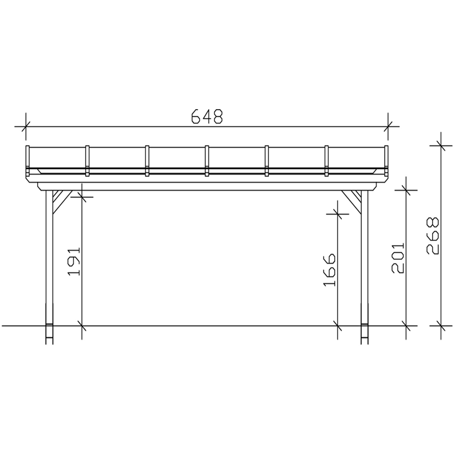 Technische Zeichnung einer Skan Holz Terrassenüberdachung Sanremo, 648x250 cm, Leimholz Nussbaum, mit Maßangaben.