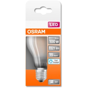 Osram LED-Lampe E27 in Glühlampenform, 11W, 1521 Lumen, tageslichtweiß, nicht dimmbar.