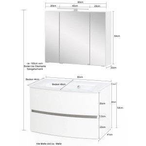 Held Möbel Waschtisch-Set Salerno, 80 cm, grau/Wotaneiche mit Glasbecken. Badmöbel-Set mit Spiegelschrank.