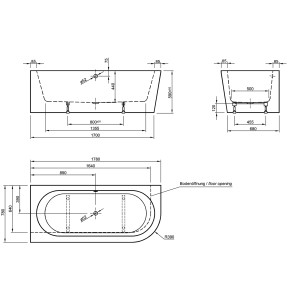Technische Zeichnung: Ottofond Whirlpool Rechts Modena Corner, 178x78 cm, weiße Whirlpool-Badewanne mit Maßen.