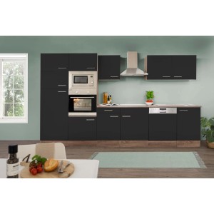 Respekta Küchenzeile 340 cm in Schwarz Seidenglanz und Eiche York Dekor, ohne Elektrogeräte.