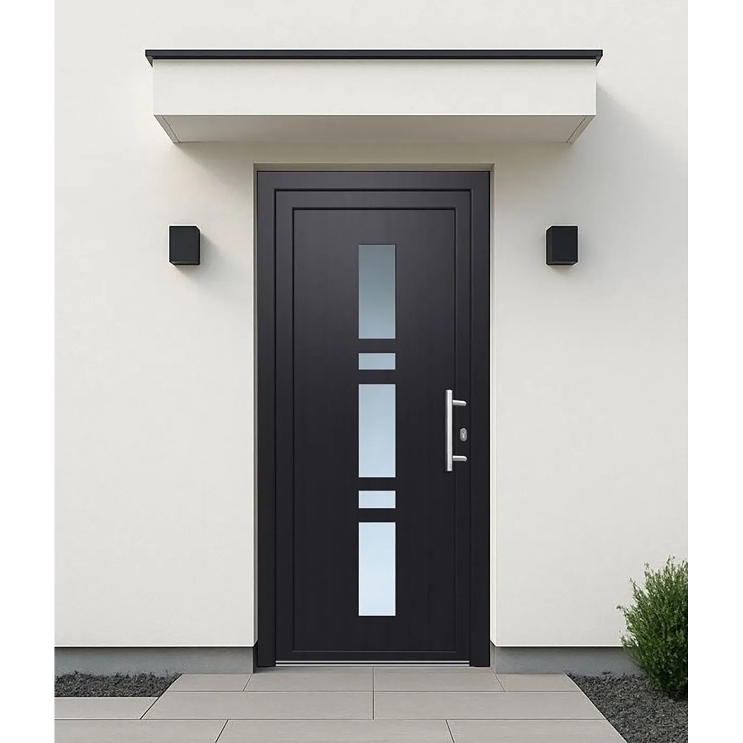 Anthrazit-weiße Kunststoff-Haustür mit Glaseinsätzen, 100x200 cm, Rechtsanschlag.