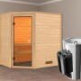 Karibu Sauna Jella mit Ofen: Massivholzsauna mit Eckeinstieg und bronzierter Glastür. Inkl. Ofen mit Steuerung.